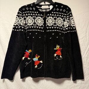 Vintage Alfred Dunner Embroidered Skater‎ Zip Women's Holiday Cardigan M